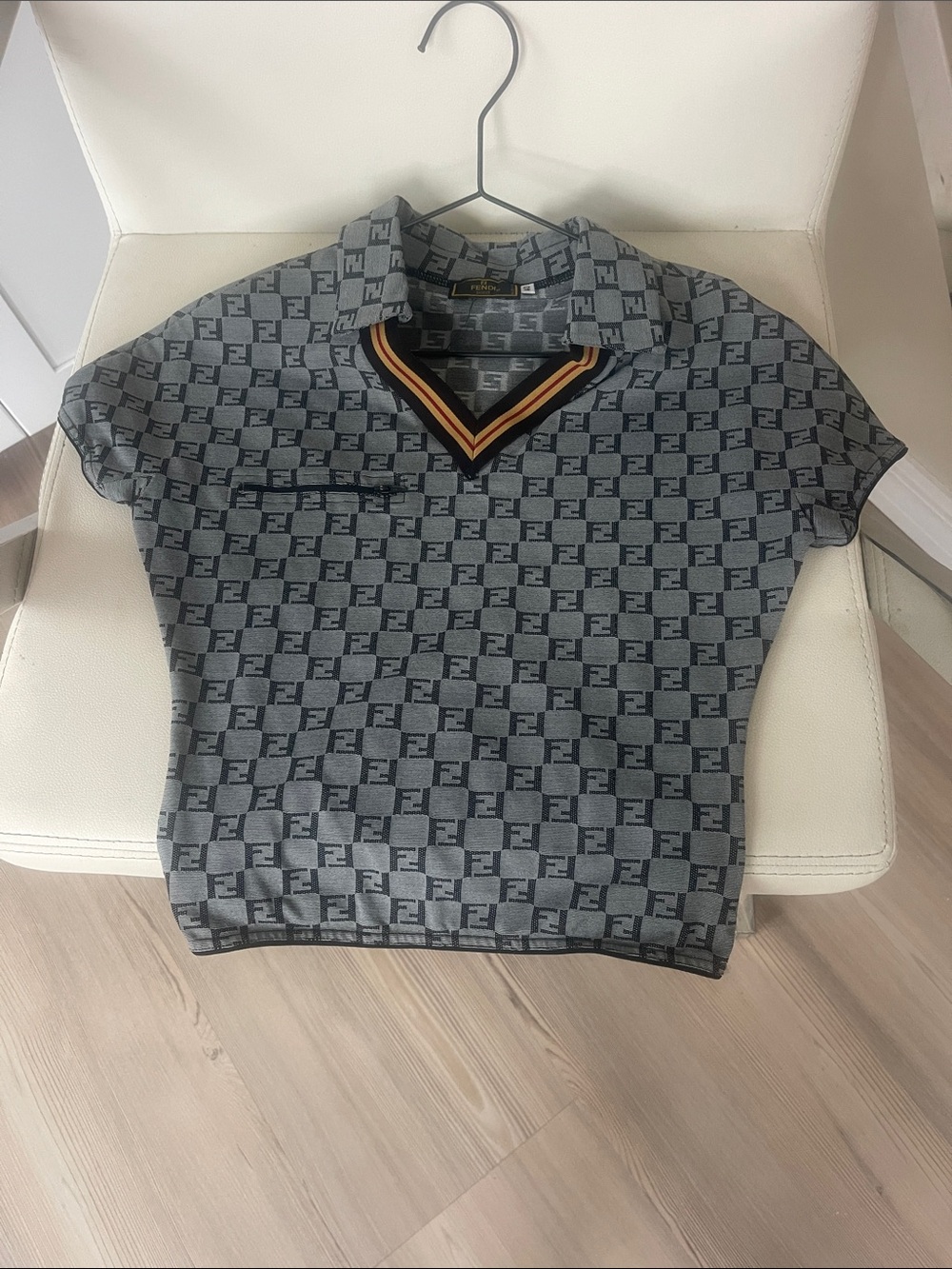 Fendi Gray Monogram Cropped Polo Top with Yellow-Trim V-Neck